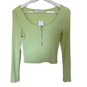 Elodie Nordstrom green ribbed long sleeve zipper crop top XS NEW crew neck